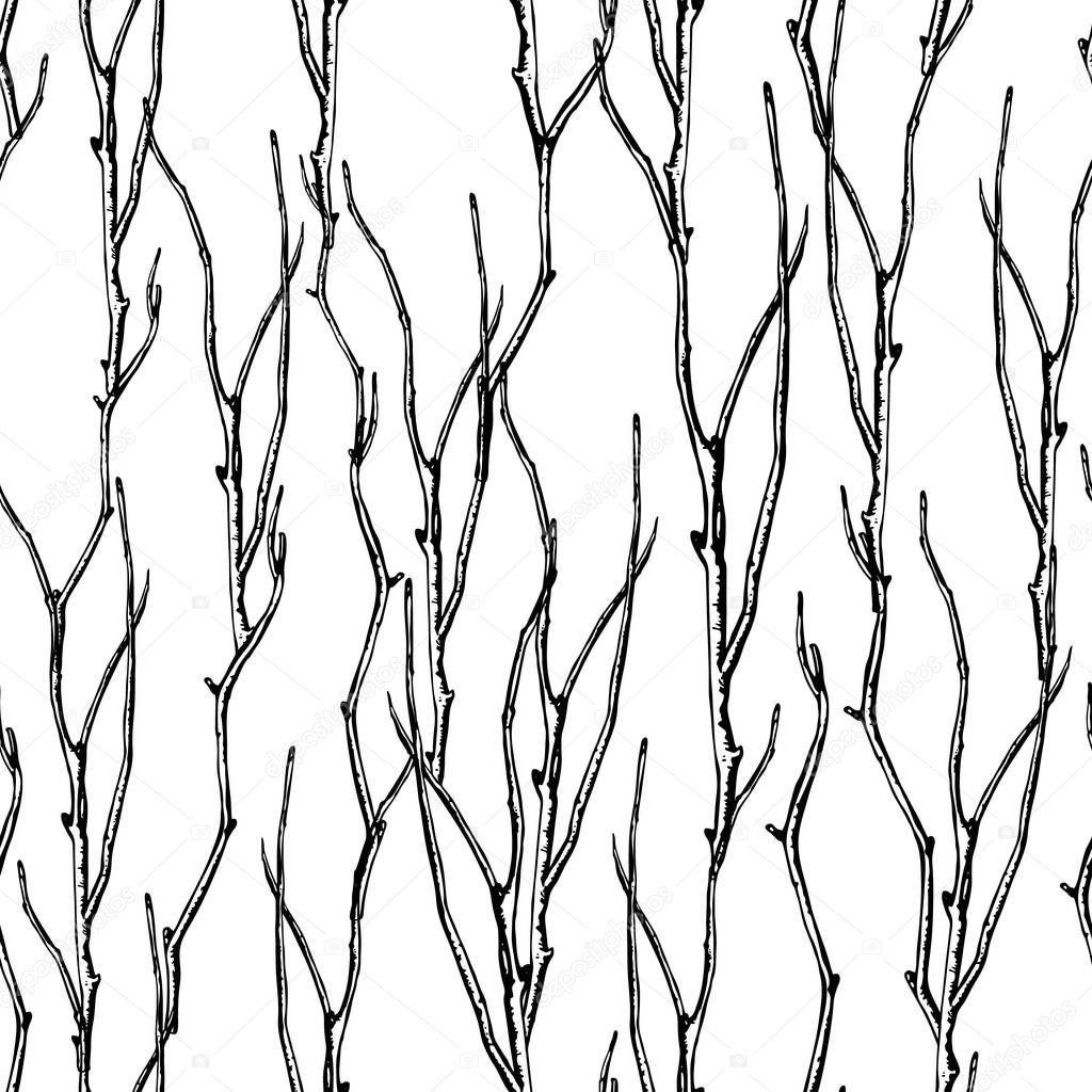 Seamless graphic pattern of twisted branches.