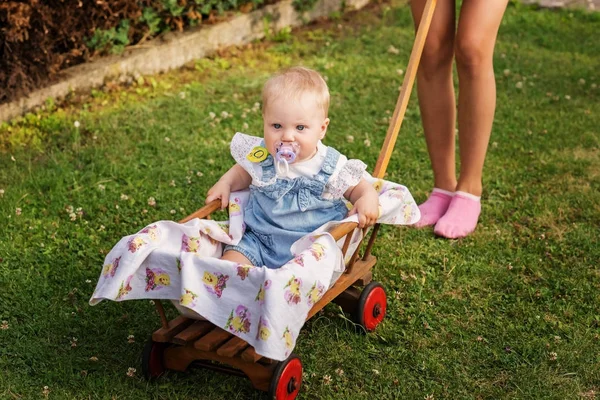 Jongen Zit Een Houten Kar Zijn Oudere Zus Rolt Zomertuin — Stockfoto