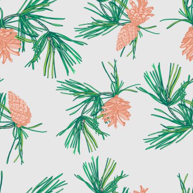 Çamın dalları ve koniler Noel seamless modeli.