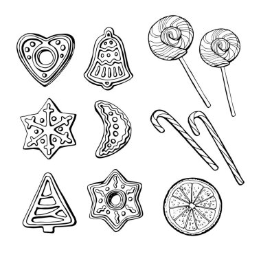 Çizilmiş vektör öğeleri Noel kümesi. Tatil kurabiye, şeker ve bir portakal.