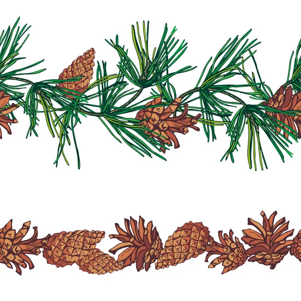 Christmas Seamless Pattern Pine Branches Cones — Stock Vector