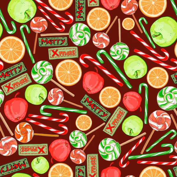 Weihnachten Nahtlose Muster Von Festlichen Bonbons Äpfeln Orangen — Stockvektor