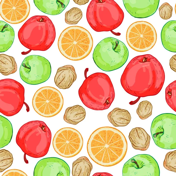 Seamless Pattern Fruits Apples Nuts Oranges — Stock Vector
