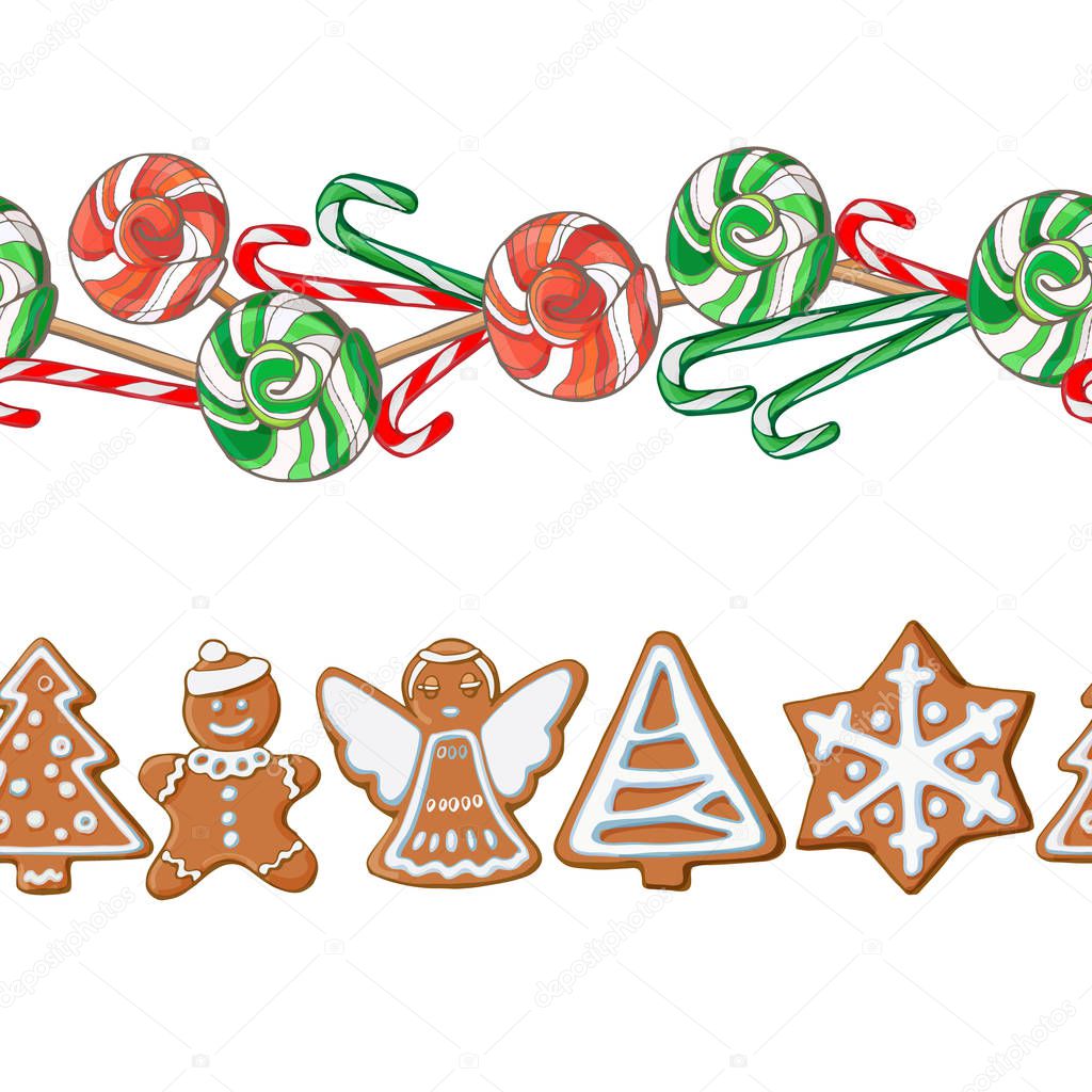 Set of Christmas seamless patterns of cookies, candy, pine branches. fruits, apples, nuts and oranges.