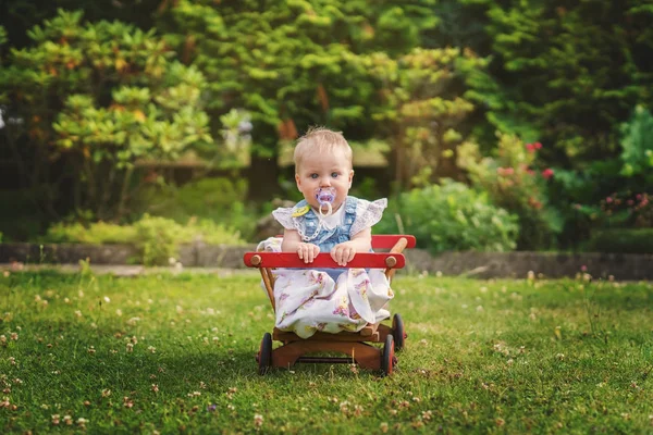 Dziecko Siedzi Drewnianego Ogrodzie — Zdjęcie stockowe
