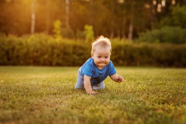 Bebek birinci yıl yaşam eğlenceli çimenlerin üzerinde tarama.