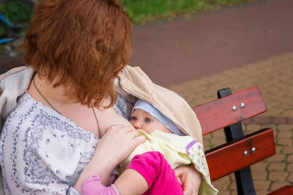 Madre Amamantando Bebé Banco Parque —  Fotos de Stock