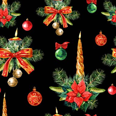 Noel süslemelerinin kusursuz deseni, suluboya çizimleri.