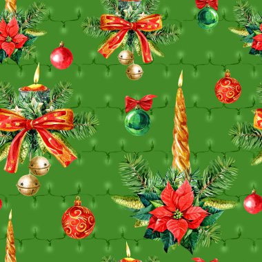 Noel süslemelerinin kusursuz deseni, suluboya çizimleri.