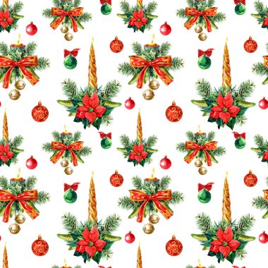 Noel süslemelerinin kusursuz deseni, suluboya çizimleri.