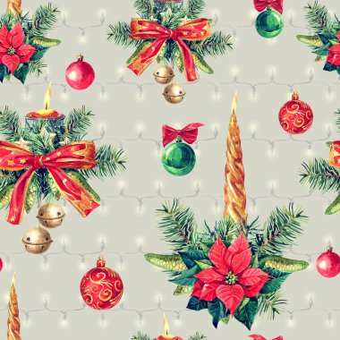 Noel süslemelerinin kusursuz deseni, suluboya çizimleri.