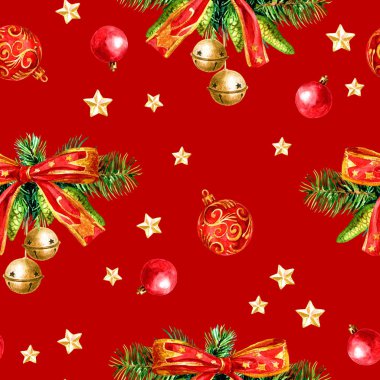 Noel süslemelerinin kusursuz deseni, suluboya çizimleri.