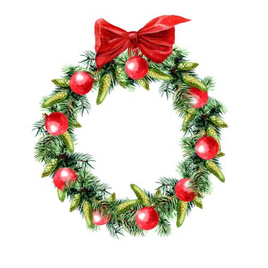 Köknar dalları ve süslemelerden oluşan yuvarlak Noel çerçevesi çelengi, kartpostal, suluboya resimleme.