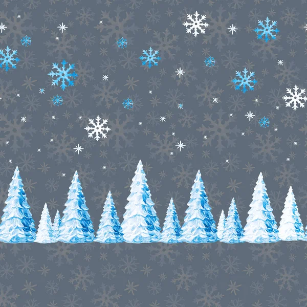 Weihnachten Nahtlose Muster Von Winter Schneebedeckten Weihnachtsbäumen Aquarell Illustration — Stockfoto