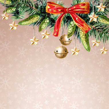 Noel ağacı ve dekorasyonlu bir Noel kartı, metin ve suluboya resimlerle dolu..