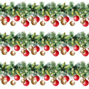 Noel süslemelerinin kusursuz deseni, suluboya çizimleri.