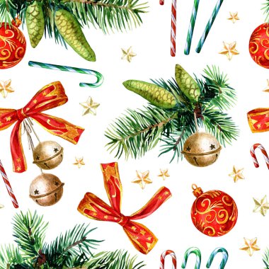 Noel süslemelerinin kusursuz deseni, suluboya çizimleri.