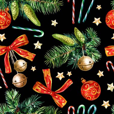 Noel süslemelerinin kusursuz deseni, suluboya çizimleri.