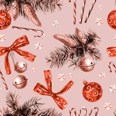 Noel süslemelerinin kusursuz deseni, suluboya çizimleri.