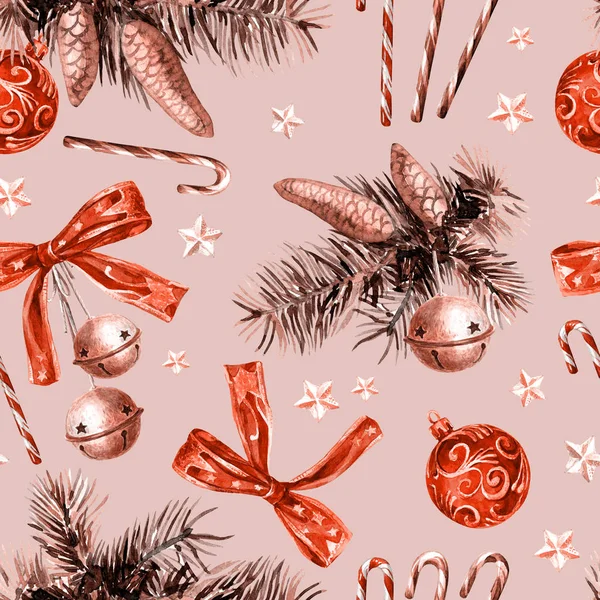 Christmas Seamless Pattern Christmas Decorations Watercolor Illustration — Stock Photo, Image