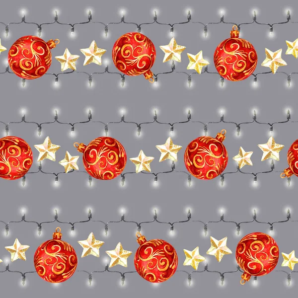 Christmas Seamless Pattern Christmas Decorations Watercolor Illustration — Stock Photo, Image