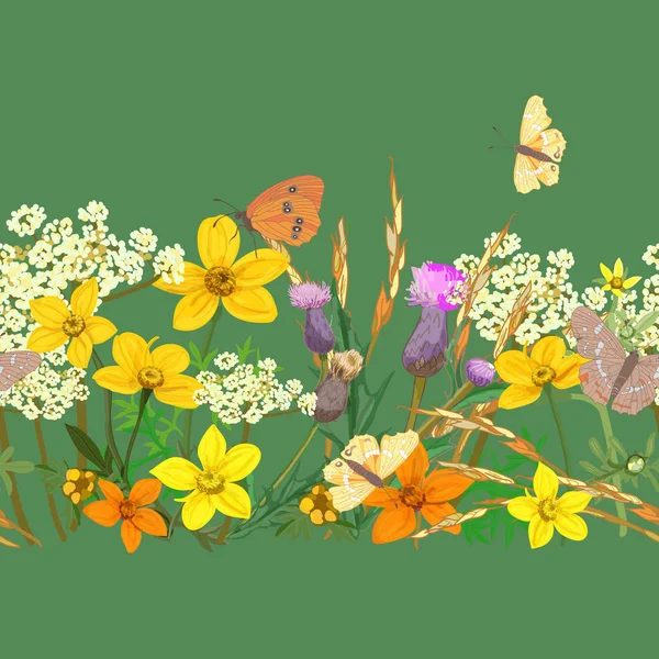 Patrón Sin Costuras Flores Silvestres Mariposas Ilustración Vectorial — Archivo Imágenes Vectoriales