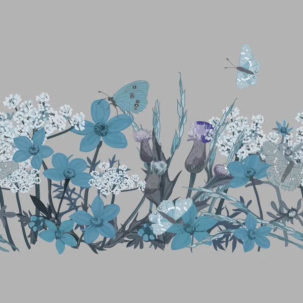 野花和蝴蝶的无缝模式 矢量插图 — 图库矢量图片