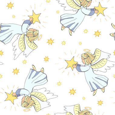 Melekler ve gökyüzündeki yıldızlar ile Noel seamless modeli.