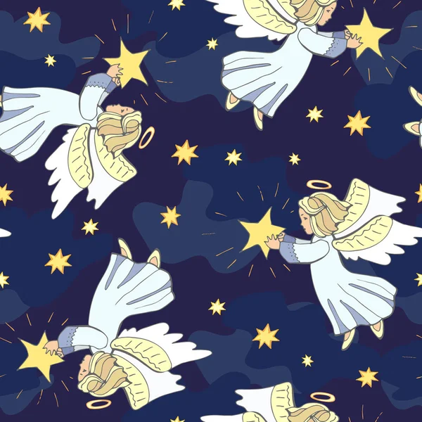 Christmas seamless pattern with angels and stars in the sky.