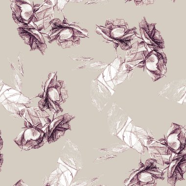 Kalemle çizilmiş gül seamless modeli.