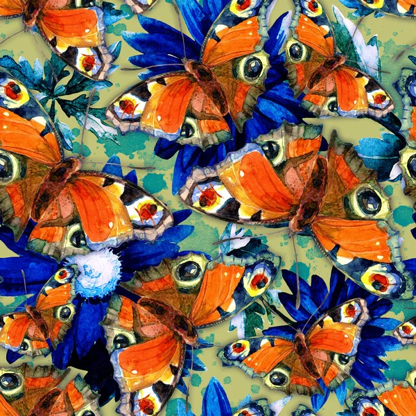 Jednolity Wzór Motyli Tle Kwiaty Malowane Akwareli — Zdjęcie stockowe