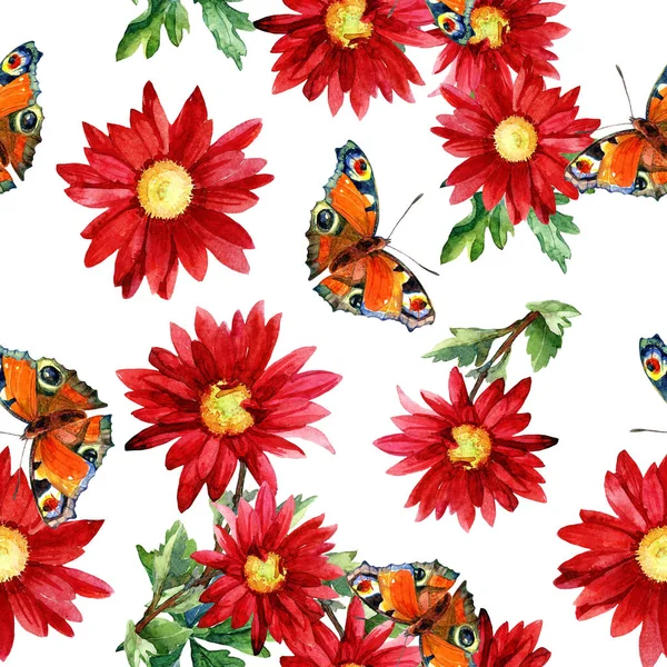 水彩で描かれた花の背景に蝶のシームレス パターン — ストック写真