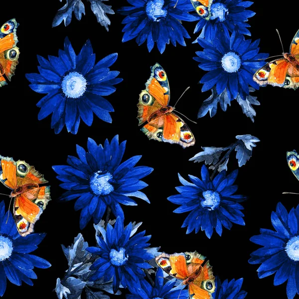 水彩で描かれた花の背景に蝶のシームレス パターン — ストック写真