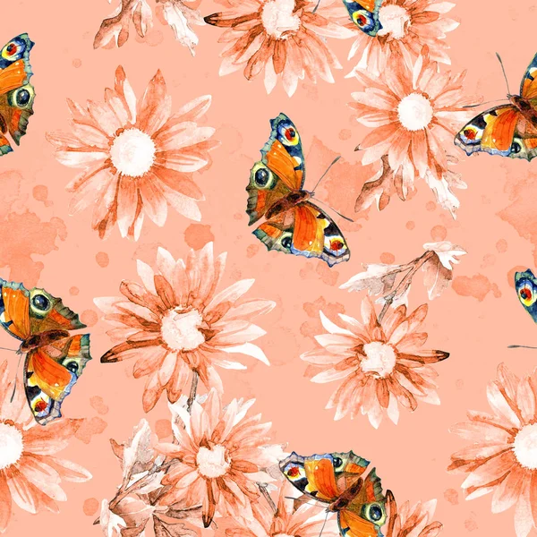Jednolity Wzór Motyli Tle Kwiaty Malowane Akwareli — Zdjęcie stockowe