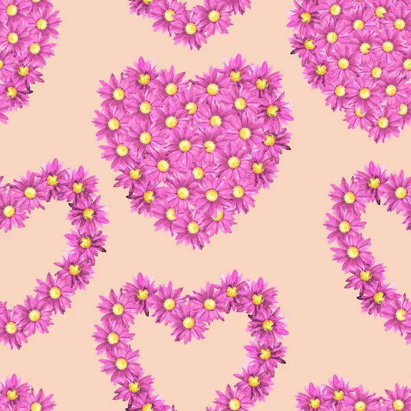 Акварель Бесшовный Узор День Святого Валентина Сердца Хризантемы Цветы — стоковое фото