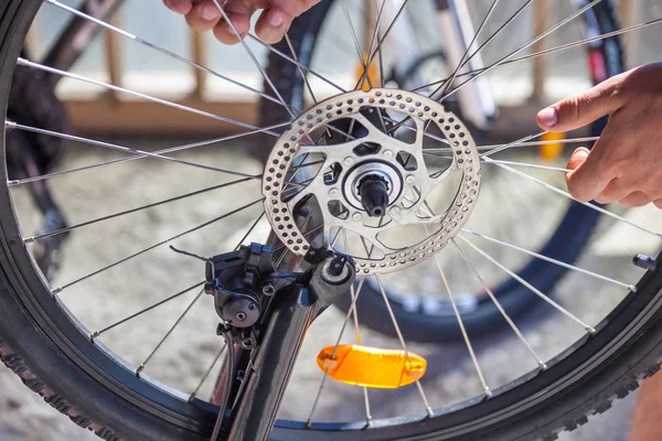 Bir bisiklet tamir adam bisiklet tekerleği sezona hazırlanıyor.