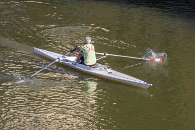 Bir kişi kürek teknede Arno Nehri, Florence, İtalya.