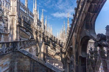 Gotik mimari ve sanat görünümünü çatıda Milan Katedrali (Duomo di Milano), İtalya.
