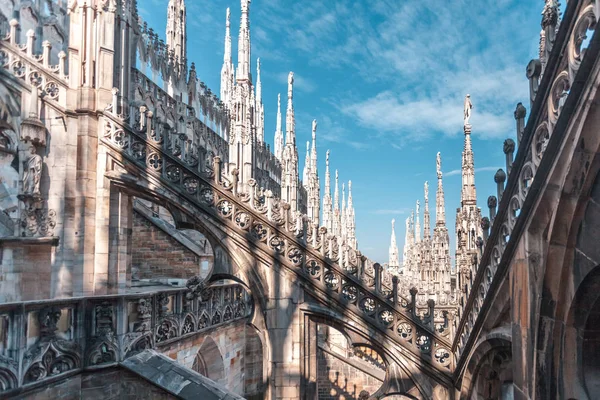 view of Gothic architecture and art on the roof of Milan Cathedral (Duomo di Milano), Italy.