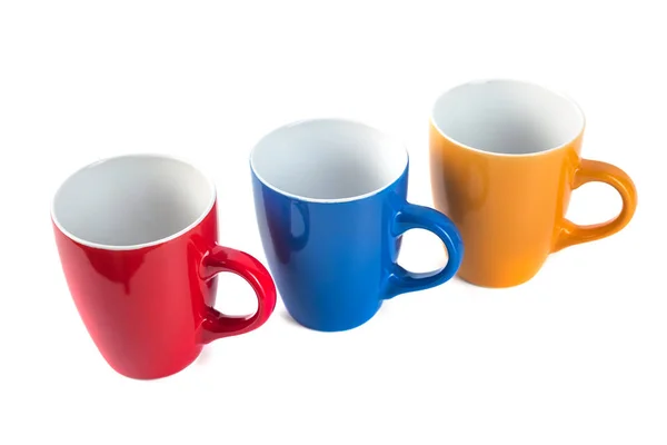 Three Color Ceramic Cups White Background — Stock Photo, Image