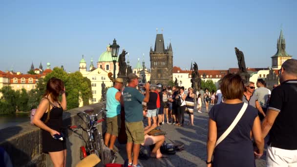 Praga República Checa 2018 Multitud Personas Caminando Por Puente Carlos — Vídeos de Stock