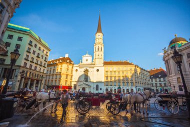 Vienna, Avusturya - 19.08.2018: Atlı arabası veya Fiaker, popüler turistik cazibe, Viyana'da Michaelerplatz.