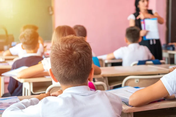 Grup oturan ve arkadan Öğretmen sınıfta dinleme okul çocuk.