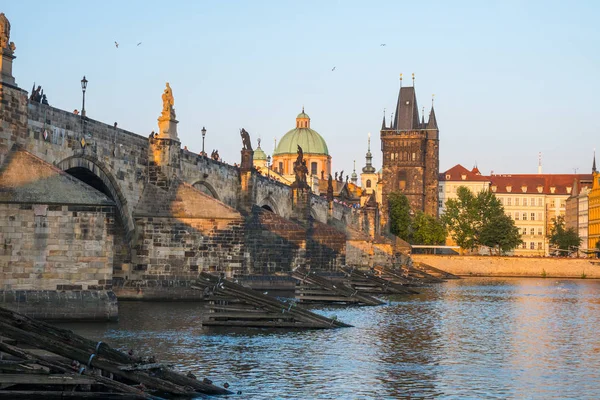 Yayalar Tek Charles Köprüden Vltava Nehri Prag Çek Cumhuriyeti — Stok fotoğraf