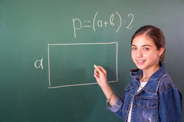 tebeşir, blackboard ile kız öğrenci bir matematik problemi çözer.
