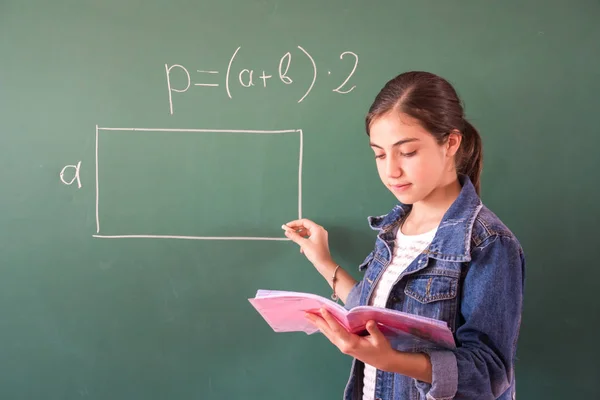 Schoolgirl Chalk Blackboard Solves Math Problem — Stock Photo, Image