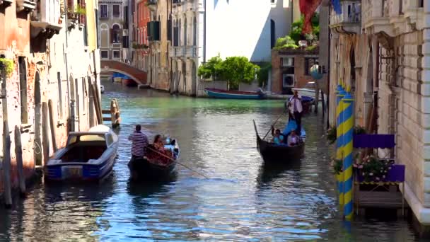 Venedig Italien 2018 Gondel Mit Touristen Den Engen Kanälen Venedigs — Stockvideo