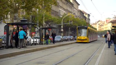 Budapeşte, Macaristan - 10.11.2018: Budapeşte, Macaristan sarı tramvay. Şehrin en ünlü resimlerden birini
