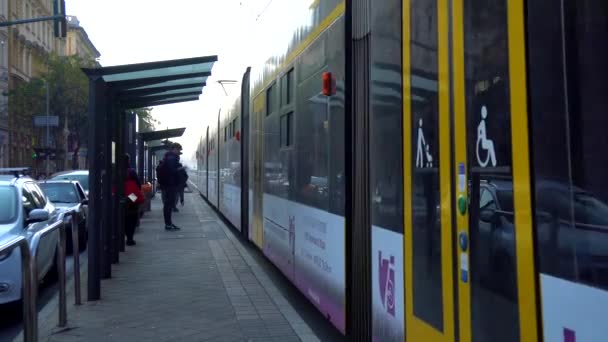 ブダペスト ハンガリーのブダペスト ハンガリー 2018 黄色い路面電車 都市の最も有名なイメージの — ストック動画