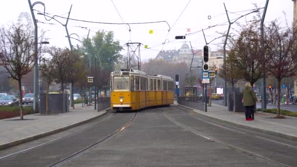 Βουδαπέστη Ουγγαρία 2018 Κίτρινο Τραμ Στη Βουδαπέστη Της Ουγγαρίας Ένα — Αρχείο Βίντεο